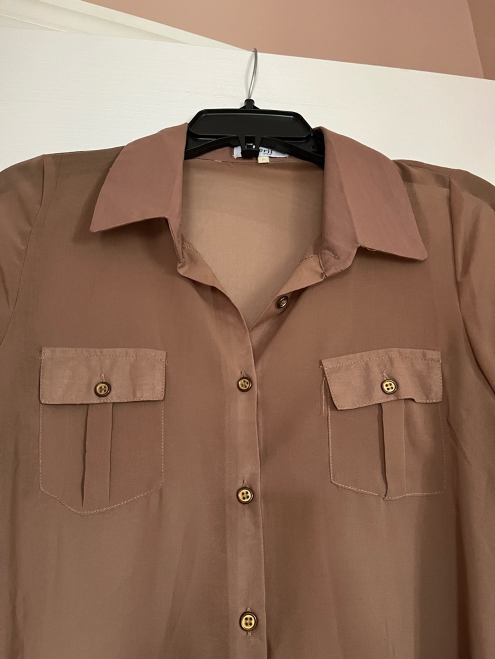 Brown Sheer High-Low Button-Front Blouse - Picture 2 of 4